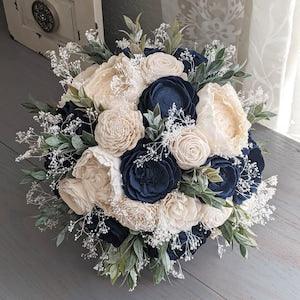 Navy and Ivory Sola Wood Flower Bouquet with Baby's Breath and Greenery - Bridal Bridesmaid Toss