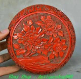 5.9'' Unique Old Chinese Red lacquerware Palace Peony Flower Box Statue
