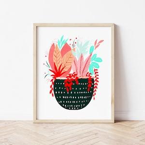 Forest green plant print, plant poster, boho art print, Boho wall print for home, house plant art, Potted plant, Botanical wall art