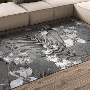 Black and white Floral Area Rugs Orchids and Iris Flowers design Carpet room decor floral rugs gift Present For Wife, Present For Mother