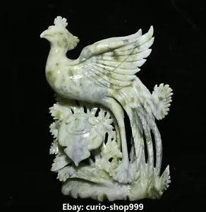 11" China Natural Lantian Jade Carving Phoenix Fenghuang Peony Flower Statue