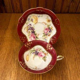Shelley, E B Foley China, Burgundy with Gold Filigree Accents and a Bouquet of Flowers in the Center