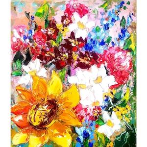 Sunflower Painting Floral Original Art Impasto Oil Painting Bluebonnet Painting Flower Wall Art 12x10 by ArtProkopaloSv