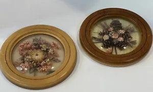 Vtg Set of 2 Wood Dried Floral Pictures 5" Diameter Gallery Wall Grannycore