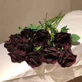 10pcs Artificial Rose Stems, Burgundy Rose Stems, Artificial Rose Flowers Bride Bouquet Babybreath Fake Flower for Wedding Centerpieces