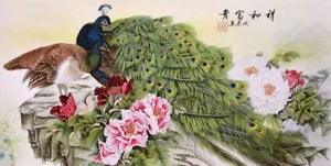 STUNNING ORIENTAL ASIAN CHINESE WATERCOLOR PAINTING-Peacock king&Peony flower