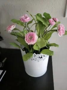 Faux Pink Carnation flower pot with white planter 5" x 10"