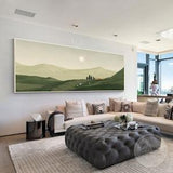 Dark Green Landscape Painting Sunset Wall Art Beige Sky Art Mountain Plants Painting Houses Birds Grassland Large Living Room Wall Decor