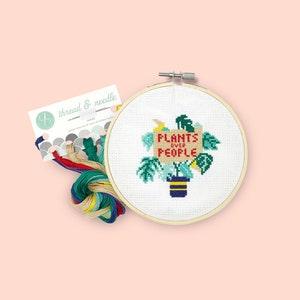 Full Cross Stitch Kit: Plants Over People - DIY Kit - 5-inch Hoop, Fabric, Thread, Needle, Instructions - Beginner Cross Stitch Embroidery