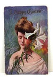 Postcard: A Happy Easter Woman with A Lily Embossed
