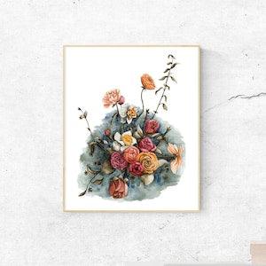 Dusty Rose Bouquet Print | Blush and Blue Watercolor Bouquet | Vintage Bouquet Poster | Boho Floral Bouquet Print | Bouquet Glicee Print