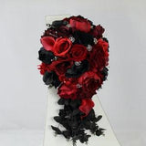 Custom Realistic Artificial Red & Black Cascading wedding bouquet with Jewels