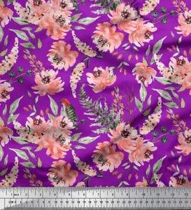 Soimoi Purple Velvet Fabric Woodpecker & Peony Floral Print Fabric-P0g