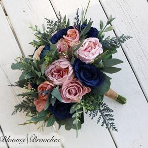 Boho Wedding Bouquet in Navy and Dusty Rose, Faux Bridal and Bridesmaids Bouquets, Artificial Wedding Bouquets with Roses Peonies Greenery