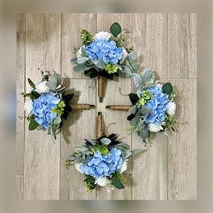 Boho bridesmaid bouquets, premium white rose sky light baby blue hydrangea & greenery bridal bouquet, eucalyptus sage wedding flowers