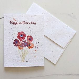 Mother's day card, watercolor pink wild flower on plantable paper or watercolor white paper, worn out borders, happy mother's day