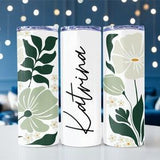 Sage green plant Sublimation Tumbler, Personalized Skinny Tumbler, Gift for Her, Bridesmaid Gift, Custom name metal tumbler cup