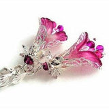 Hand Painted Pink Orchid Earrings, Silver Filigree Long Dangle Earrings, Victorian Botanical Jewelry Gift, Fuchsia Sparkly Earring For Women