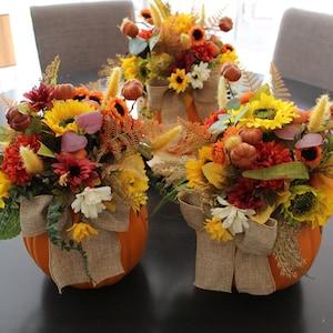 Orange Pumpkin Arrangement with Sunflowers, Dahlias, Eucalyptus, Ferns, Bunny Tails & Pumpkins ??C Decorative Centerpiece for Table in Home