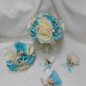 Beach Starfish Wedding Silk Flower Bridal Bouquet 18 pieces Package Ivory Malibu Aqua Blue Rose Peach  Boutonniere Corsage New