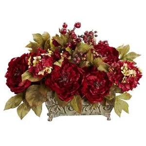 4929 18in. Peony & Hydrangea Silk Flower Arrangement,, 13.75" x 12" x 9.5" Red