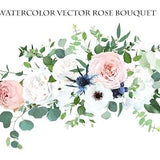 Blush pink garden roses, anemone, ranunculus, hydrangea flowers vector design bouquet. Wedding floral greenery. Mint, pink, green tones