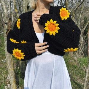 Cardigan For Women,Sunflower Shaped,Knit Handmade Big Flowers,Chunky,Knit Big Floral Daisy Cardigan,Blac Color Daisy Bloom,Crop,Christmas