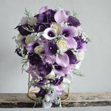 Fake Flowers Cascading Bouquet, Purple Lavender Lilac Calla Lilies Plum Roses Real Touch Flowers Bridal Bouquet, Rustic Boho Wedding Bouquet