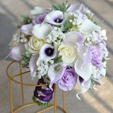 Artificial Flowers Light Purple Bridal Bouquet, Rustic Lilac Silk Bridal Bouquet, Real Touch Calla Lilies, Ivory White Roses, Baby's Breath
