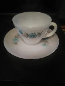 Fire King Oven Ware BONNIE BLUE CARNATION CORN FLOWER Tea Cup Saucer Vintage