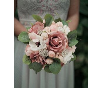 Bridal or Bridesmaid Wedding Bouquet Eucalyptus Peonies Roses Hydrangea Mauve Pink White with Brooches - Add Boutonniere Flower Crown More!