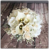 White bride bouquet, calas, hydrangeas and pearls, bridal bouquet, wedding for sale or rent, ask me how.