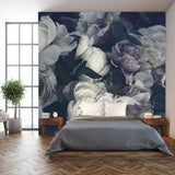 Fluffy Dark Purple Peonies Flowers. Creative Bouquet in Vintage Wallpaper Bedroom Mural