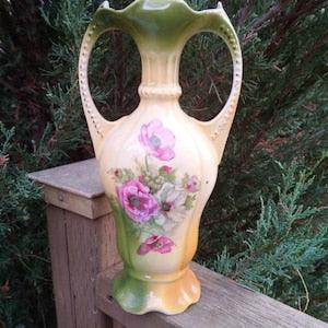 Antique Art Nouveau Porcelain Vase, Art Vase, Pink Flowers, Two Handled, Table Vase Or Flower Vase, Green, Yellow, Cream, White Interior