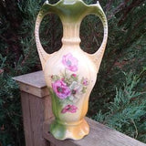 Antique Art Nouveau Porcelain Vase, Art Vase, Pink Flowers, Two Handled, Table Vase Or Flower Vase, Green, Yellow, Cream, White Interior