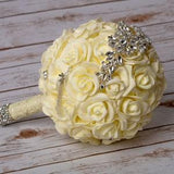 Wedding brooch bouquet, Ivory roses bridal bouquet, Ivory brooches wedding bouquet
