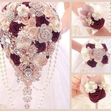 Wedding cascading Burgundy brooch bouquet dark wine, rose gold and champagne luxury Bridal bouquet.