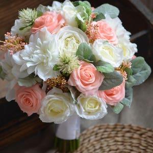 Peach Ivory Rustic Bouquets Real Touch Roses Lambs Ears Silk Dahlia Ivory Rose Bridal Bouquet Wedding Bouquets