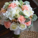 Peach Ivory Rustic Bouquets Real Touch Roses Lambs Ears Silk Dahlia Ivory Rose Bridal Bouquet Wedding Bouquets