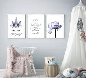 Set of 3 Unicorn Lilac Peony Girls Flower Abstract Modern Wall Art, Home Decor