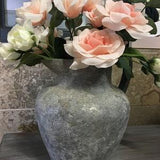 Aged Metal Vase with artificial Rose Bouquet