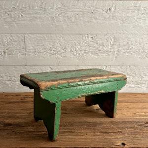 Small antique primitive wood bench, milking stool, with its original green distressed paint, old work bench, from Quebec, Canada
