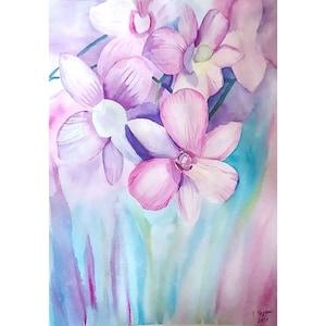 Orchid Painting Flower Original Watercolor Art Floral Artwork Plant Wall Art Botanical Illustration 17" by 12" by TetianaTereshArt