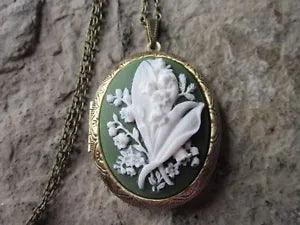 LILY OF THE VALLEY CAMEO LOCKET - ANTIQUE BRONZE, WHITE ON GREEN, QUALITY