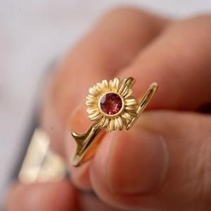 Red Garnet Sunflower Ring-Gold Vermeil Adjustable Ring-Dainty Flora Open Ring-Statement Ring-Bridal Best Friend Gift-Delicate Promise Ring