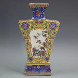 10" Chinese Colour Enamels Porcelain Peony Flower Magpie Bird Four Sides Vase