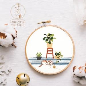 DIY Embroidery Kit- Cat and Indoor plant Pattern-Beginner Friendly- Hoop Art-Craft Art-Home Decor- Ready to ship