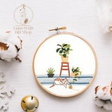 DIY Embroidery Kit- Cat and Indoor plant Pattern-Beginner Friendly- Hoop Art-Craft Art-Home Decor- Ready to ship