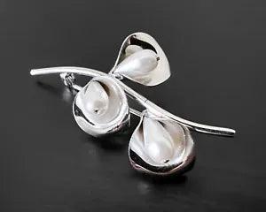 Vtg Sterling Silver Beau Simulated Pearl Cluster Tulip Lily Flower Pin Brooch