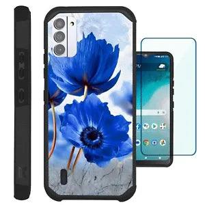 Hybrid Case for Nokia C210 Phone Cover with TEMPERED GLASS / Blue Peony Flower